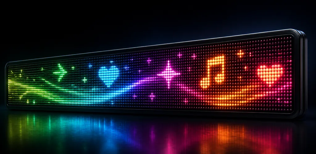 A colorful physical LED marquee displaying pixel-art symbols